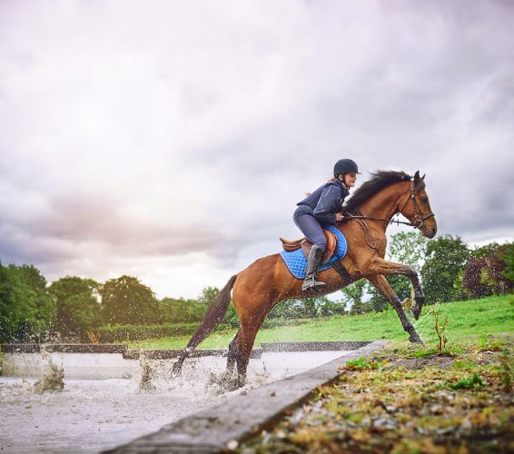 teenage lady jumping on horseback